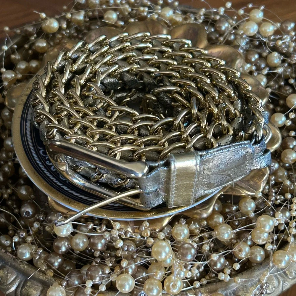Vintage Gold Leather & Chain Link Belt